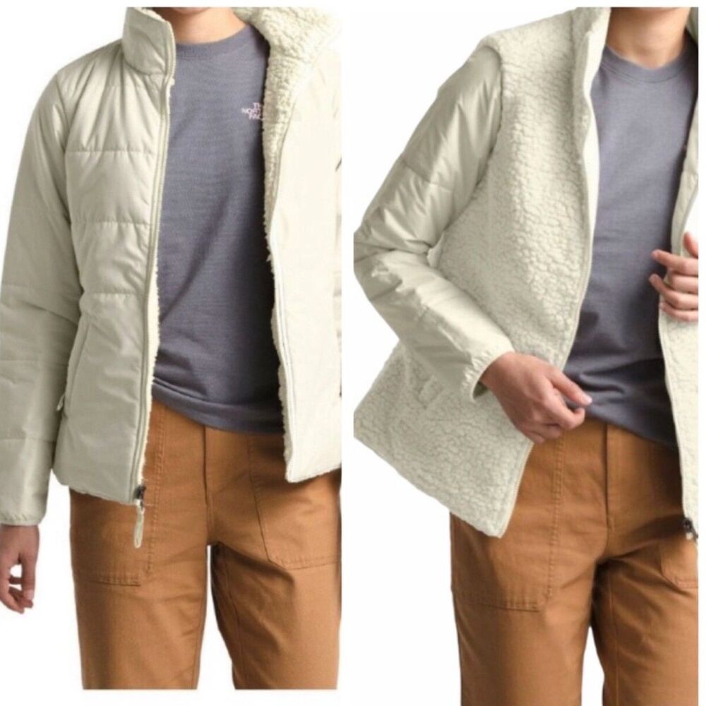 The North Face Womens M Mossbud Reversible Sherpa Puffer Jacket Cream Ivory